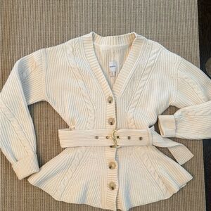Maeve Chunky Cream Cable-Knit Belted Cardigan Sweater - size S